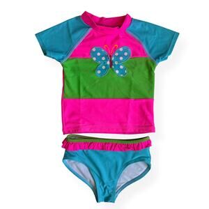 Hartstrings 2 Piece Rash Guard Swimsuit Butterfly Pink Bluw Girls 4T